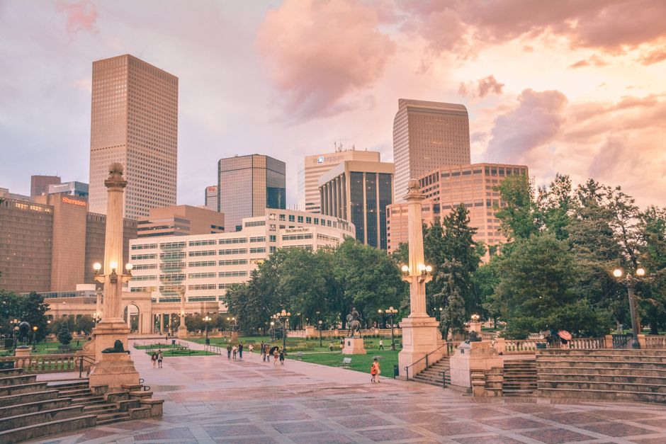 Downtown Denver skyline at dusk