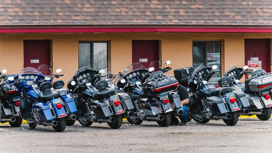 Motorcycles parked outside a motel in Arizona