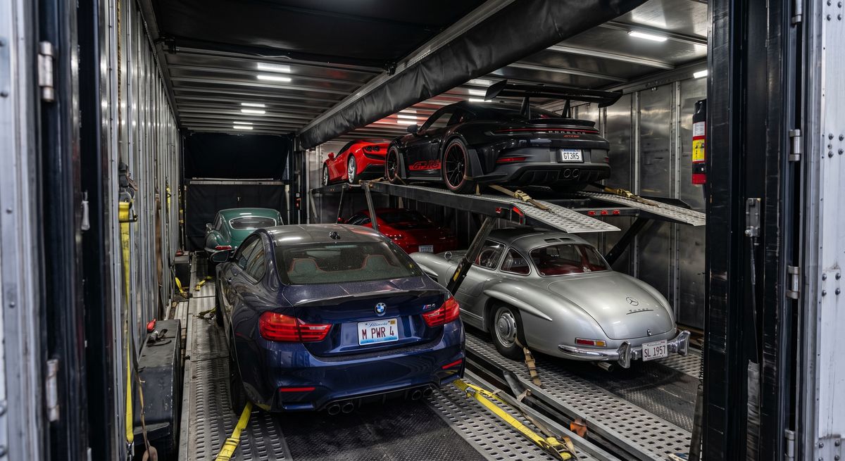 Multiple luxury and classic cars secured inside an enclosed transport trailer