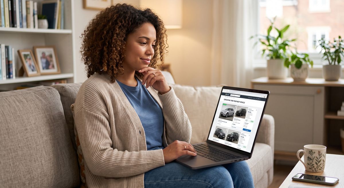 A woman shopping for a car online on her laptop