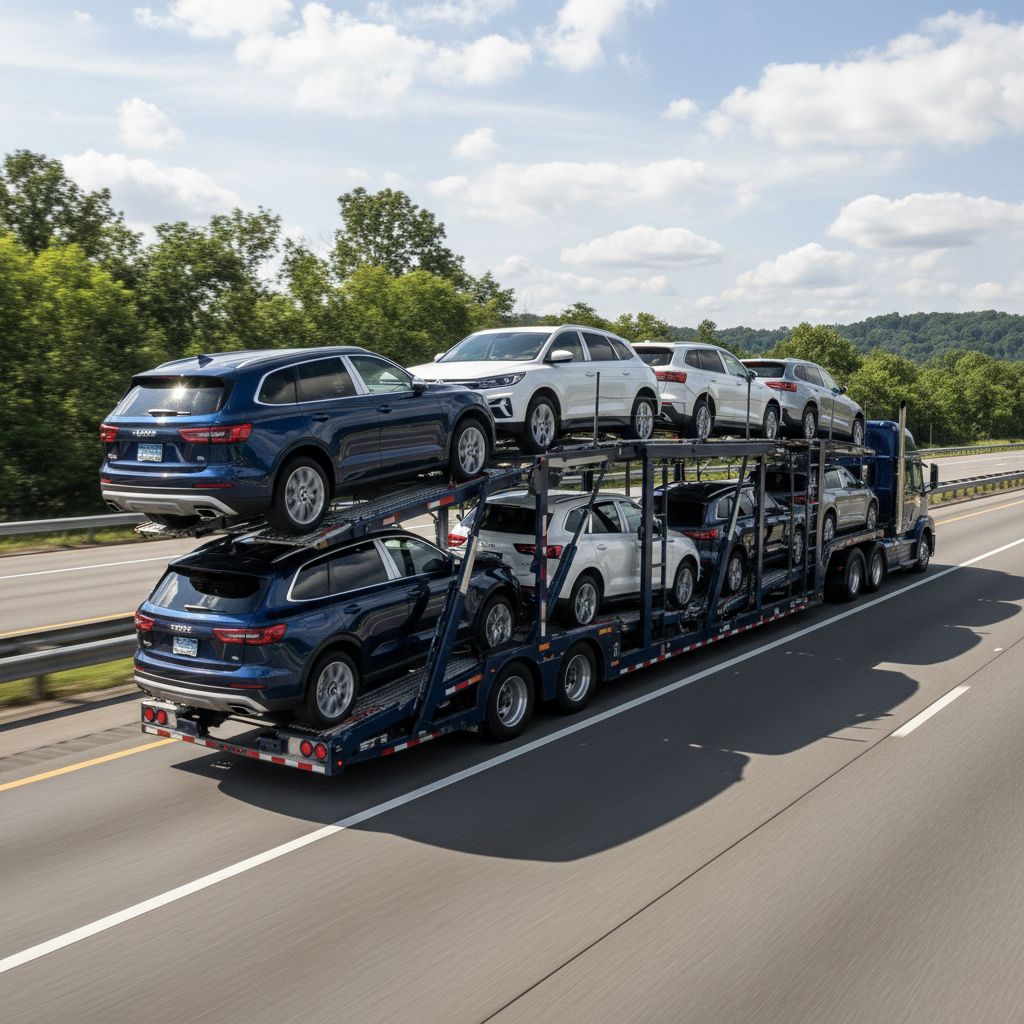 Several SUVs loaded on a multi-level open car carrier on the highway